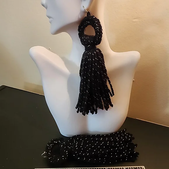 Black Twisted Rope Tassel Statement Earrings - Picture 1 of 1
